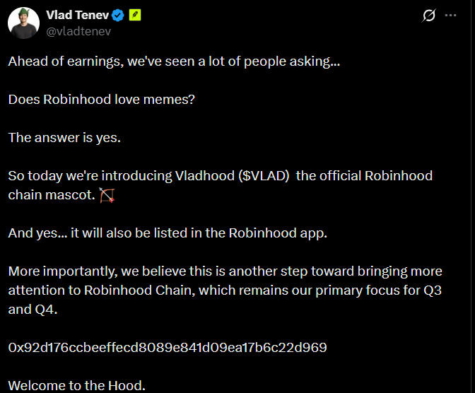 被黑的Vlad Tenev X帖子，推广Vladhood为Robinhood Chain官方memecoin