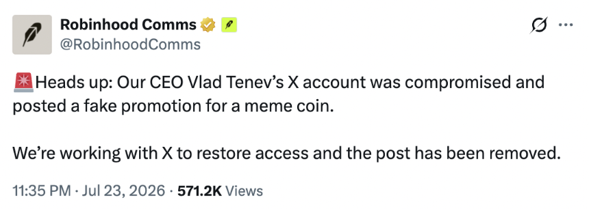 Vlad Tenev’s X account was compromised