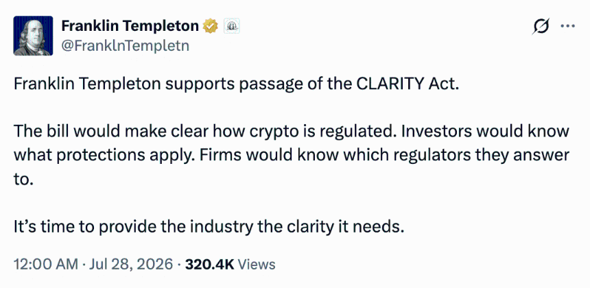 Franklin Templeton supports passage of the CLARITY Act.