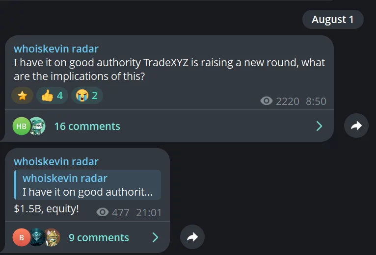 Telegram文本暗示TradeXYZ正在融资