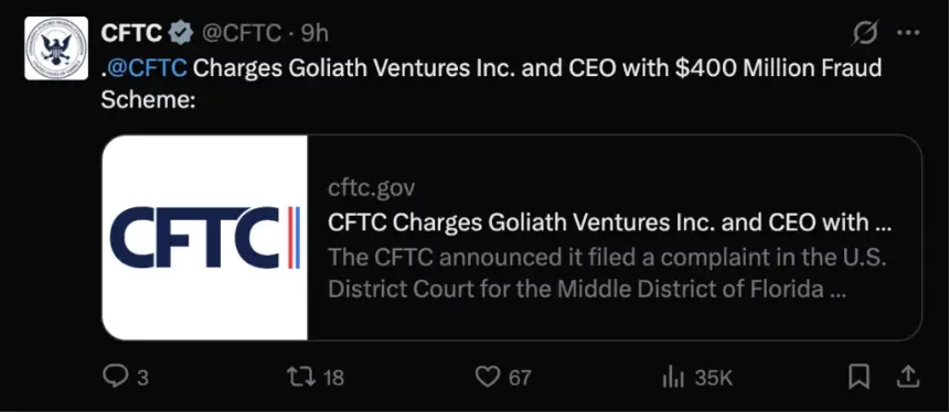 Goliath Ventures面临美国监管行动，来源：CFTC/X
