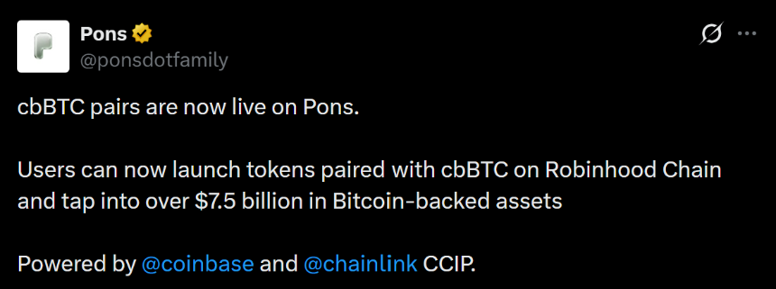 PONS集成cbBTC与Chainlink公告